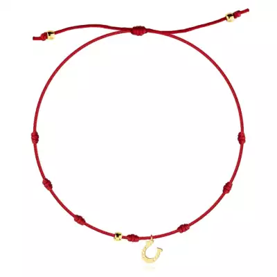 Állítható karkötő medállal 585 aranyból - lópatkó, piros zsinórral