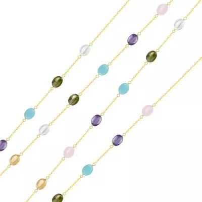 Hosszú nyaklánc 585 sárga aranyból - színes ovális cirkóniák, 900 mm