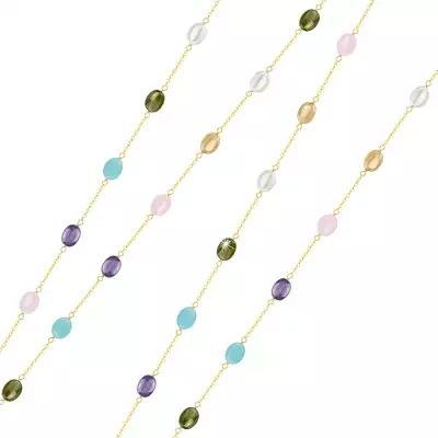 Hosszú nyaklánc 585 sárga aranyból - színes ovális cirkóniák, 1100mm