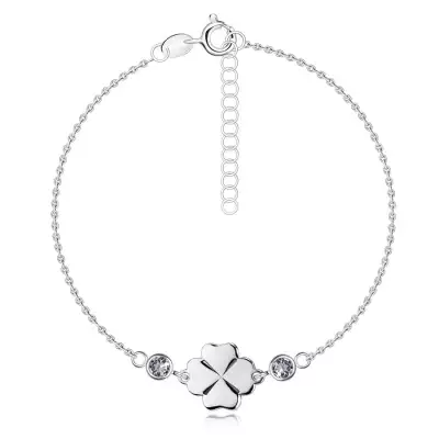 925 ezüst karkötő - négylevelű lóhere, két kerek, átlátszó cirkónia