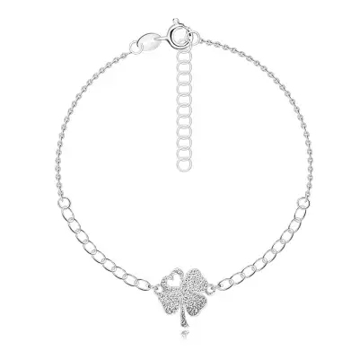 925 ezüst  karkötő - négylevelű lóhere szívvel, strukturált felülettel, állítható hosszúsággal