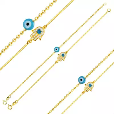 925 ezüst karkötő szett – arany színű, két karkötő, Fatima szem, Fatima kéz, topáz, cirkónia