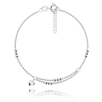 925 Ezüst karkötő - állítható, rövid dupla lánc, sima szív, fényes gyöngyök