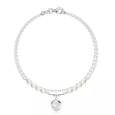 Dupla 925 ezüst karkötő - fehér szintetikus gyöngy, korong, cirkónia csillag