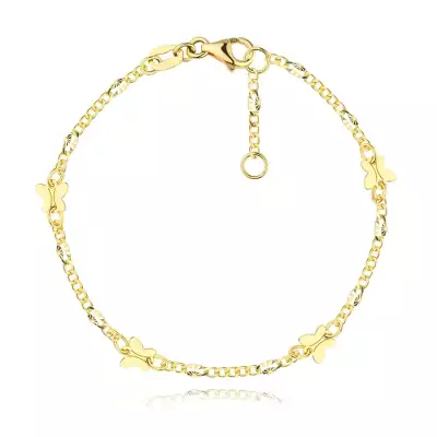 585 sárga arany karkötő - pillangó sziluettek, sima és sugárszerűen díszített láncszemek