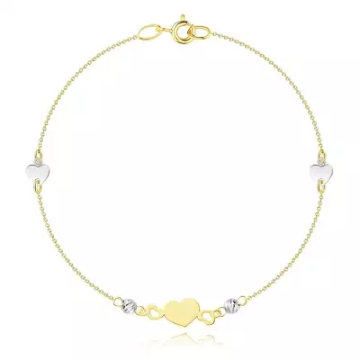 14K kombinált arany karkötő - szív motívum, strukturált gyöngyökkel