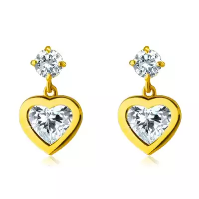9K sárga arany bedugós fülbevaló - szív alakú cirkónia foglalatban, kerek átlátszó cirkónia