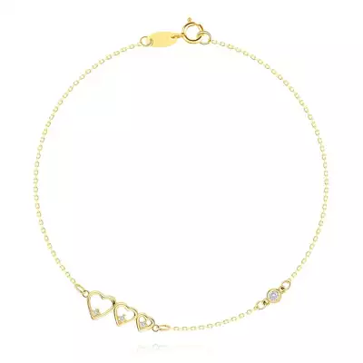 14K sárga arany karkötő - csökkenő szívek, átlátszó cirkóniák, finom lánc