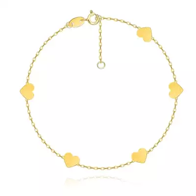 9K sárga arany karkötő - szívek finom felülettel, ovális láncszemek