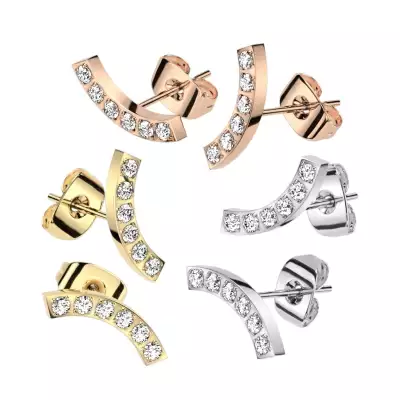 316L acél fülbevaló - ív, átlátszó cirkóniákkal, stekkerzárral - Fülbevaló színe - cirkónia szín: réz - átlátszó