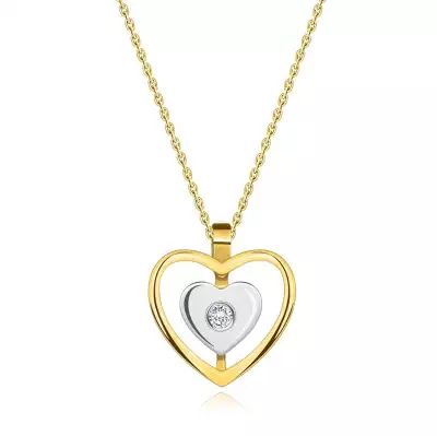 14K kombinált arany, gyémánt nyaklánc - szívecskék, kerek briliánsokkal
