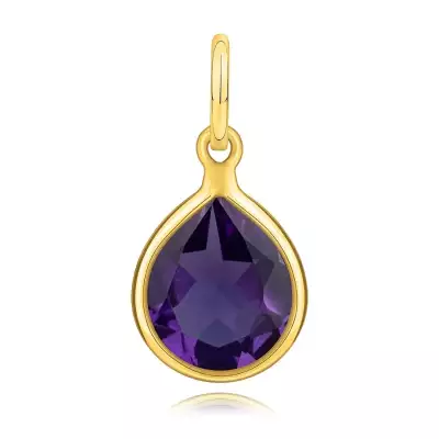 14K sárga arany medál - könnycsepp, lila kő, sima peremmel
