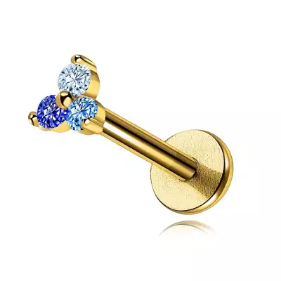 14K sárga arany ajak és áll piercing - kerek cirkóniák a kék árnyalataiban