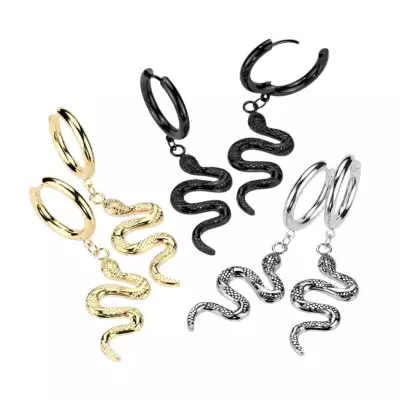 316L acél fülbevaló - karika, hullámos kígyótest, bepattintós zàr, PVD - Szín: Fekete 