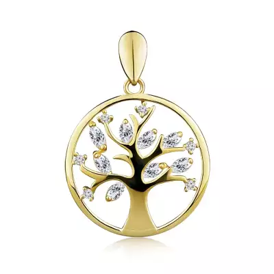 9K sárga arany arany medál- életfa körben, cirkónia levelekkel