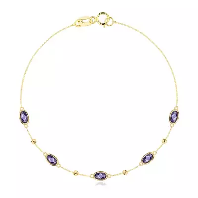 585 sárga arany karkötő - lila ovális ametiszt, golyók bevágásokkal