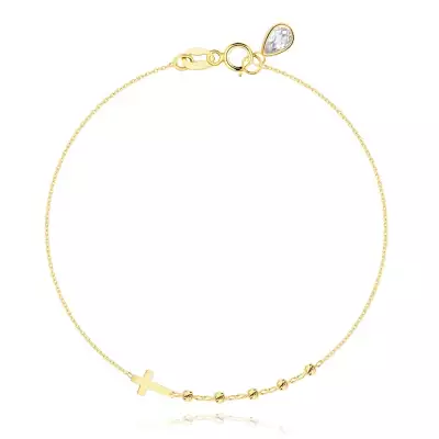 14K sárga arany karkötő - latin kereszt, golyók, cirkónia csepp