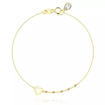 14K sárga arany karkötő - szív, golyók bevágásokkal, cirkónia könnycsepp 