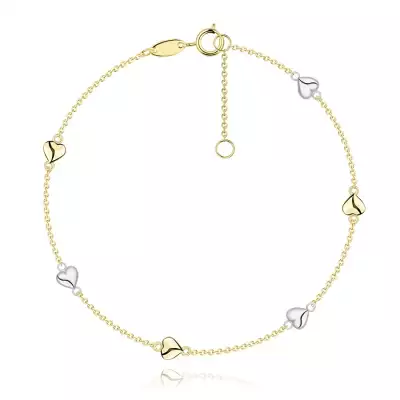 585 kombinált arany karkötő - sárga és fehér szívek sima felülettel