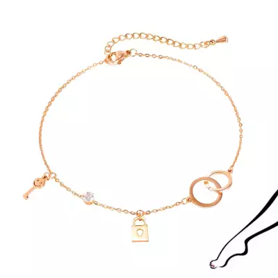 Acél bokalánc vagy karkötő, réz színű - átlapolt gyűrűk, lakat, kulcs és cirkónia