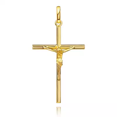 14K sárga arany medál - kereszt, keresztre feszített Krisztussal, szögletes vállakkal