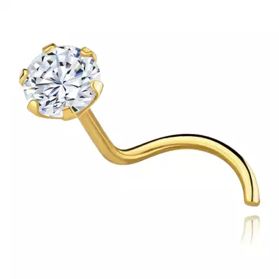 14K sárga arany ívelt orr piercing - kerek cirkónia, 0,6 mm