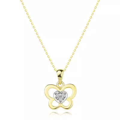 585 kombinált arany nyaklánc - pillangó körvonal, szív briliánsokkal