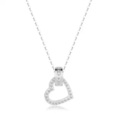 925 ezüst nyaklánc - szív körvonal átlátszó cirkóniákkal, cirkóniás láncra kerülő láncszemmel