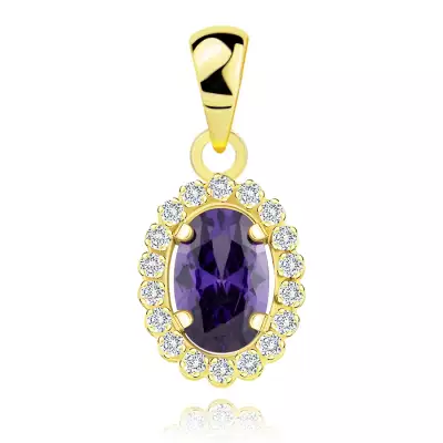 14K sárga arany medál - ovális lila cirkónia, átlátszó cirkóniás szegéllyel