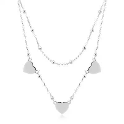Nyaklánc 925 ezüstből - dupla lánc szívecskékkel, gyöngyökkel