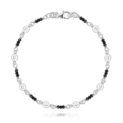 925 ezüst karkötő - fekete üveggyöngyök, szem és kör motívum