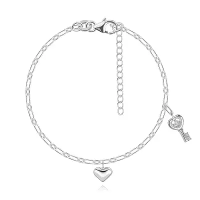 925 ezüst karkötő - szív és kulcs medál, cirkóniák, ovális láncszemek