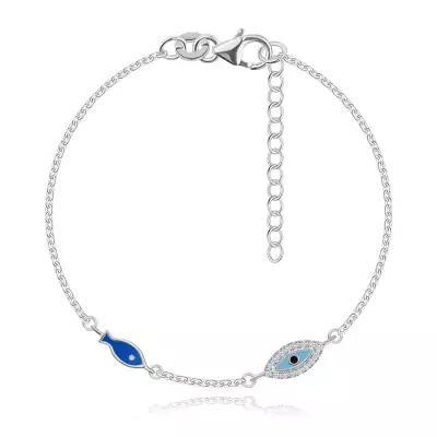 925 ezüst karkötő - mindent látó szem cirkóniákkal, kék halakkal