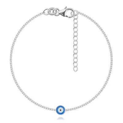 925 ezüst karkötő - Fatima szeme kék színben, lapos láncszemekkel