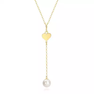 9K sárga arany nyaklánc - szív kivágással, édesvízi gyöngy láncon