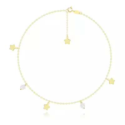 9K sárga arany csukló vagy boka lánc- lapos csillagok, átlátszó Swarovski kristályok