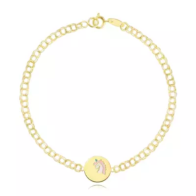 375 sárga arany gyerek karkötő - dupla láncszemek, lapos korong egyszarvúval