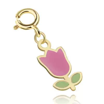 9K sárga arany medál – tulipán rózsaszín fejjel és zöld levelekkel