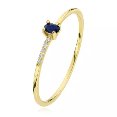 14K sárga arany gyűrű - öt átlátszó briliáns, ovális kék zafír - Nagyság_ 56