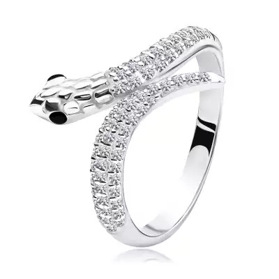 925 ezüst gyűrű - kígyó motívum, fekete szemek és átlátszó cirkóniás test - Nagyság_ 49