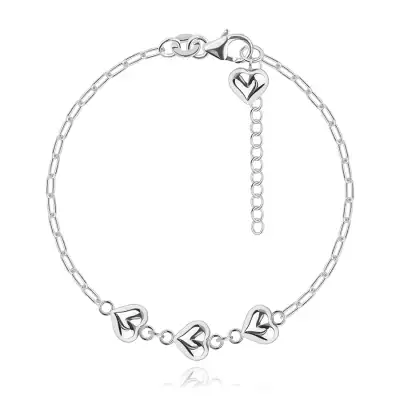 925 ezüst karkötő - domború fényes szívek, hosszúkás láncszemek