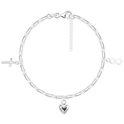 925 ezüst karkötő - kereszt, szív és végtelen szimbólum, hosszúkás láncszemek