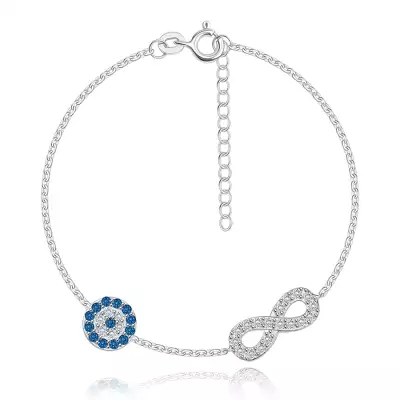 925 ezüst karkötő - végtelen szimbólum és kör, átlátszó és kék cirkóniákkal