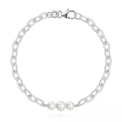 925 ezüst karkötő - fehér szintetikus Swarovski gyöngy, hosszúkás láncszemek