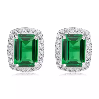 925 Silver earrings - green rectangular zircon, clear zircon edge