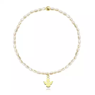 Rugalmas gyöngy karkötő - angyal és 14K sárga arany golyó, édesvízi gyönggyel