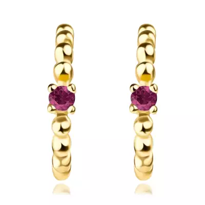 9K sárga arany fülbevaló - természetes rubin, nyitott karika, bordázott 