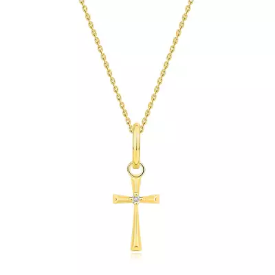 375 sárga arany nyaklánc - kereszt háromszög alakú vállakkal, átlátszó briliánssal