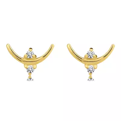 14K sárga arany fülbevaló - ív, kerek briliánsokkal, három foggal ellátott tartóban