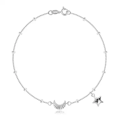 925 ezüst karkötő - csillag és barázdált hold, lánc gyöngyökkel
